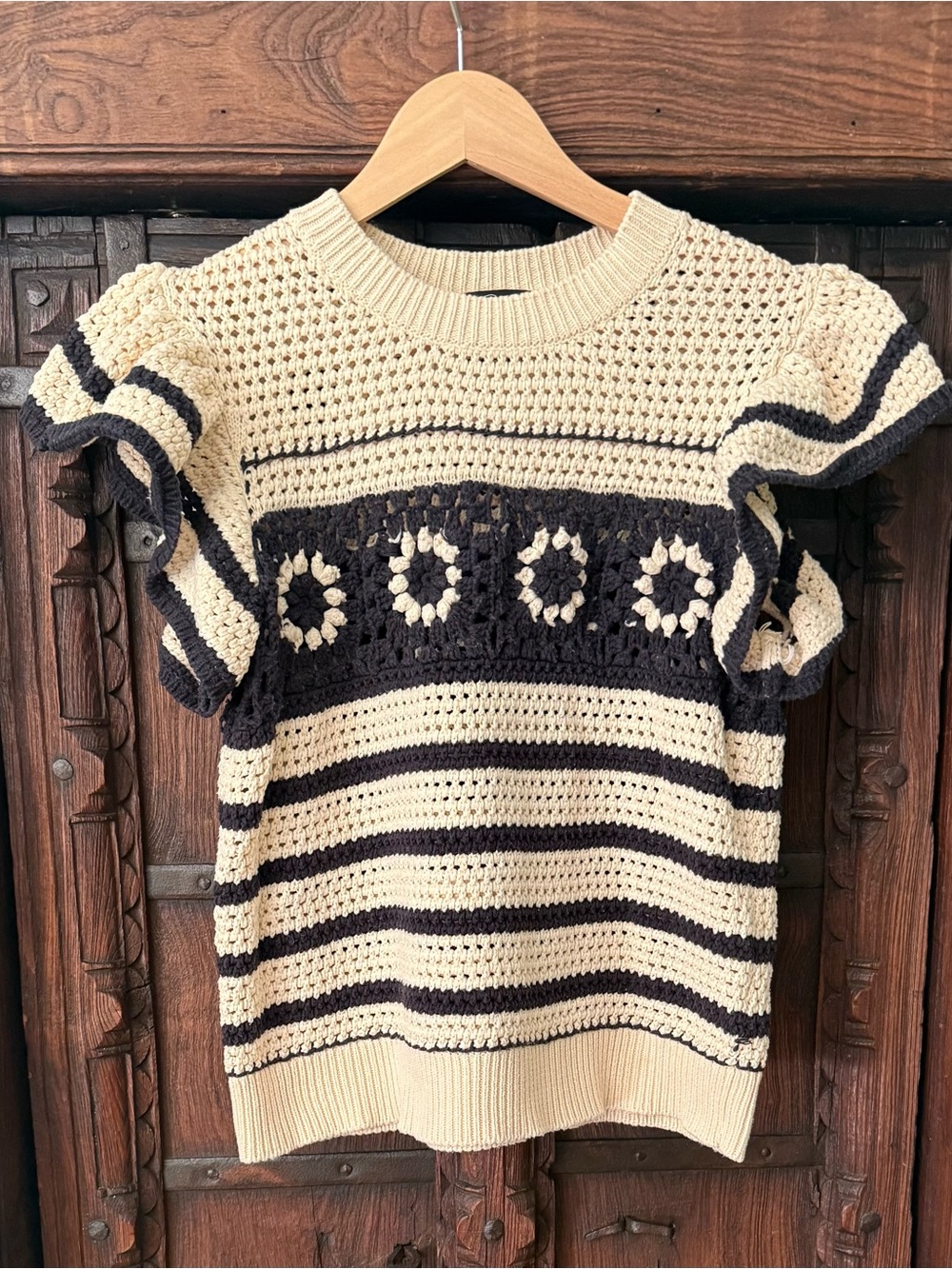 Rails Cream and Black Crochet Stripe Ruffle-Sleeve Sweater